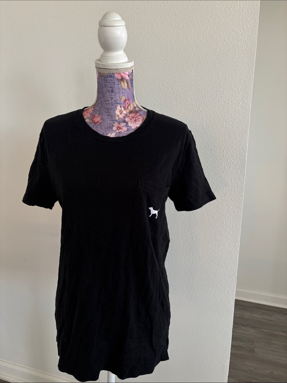 Pink Victorias Secret Black Pocket T-Shirt with Small White Dog Accent